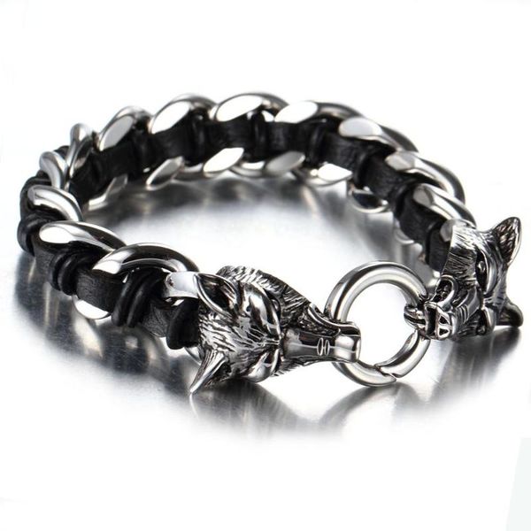 link, chain fashion jewelry two wolf heads stainless steel leather men's bracelet men black genuine weaved animal gift
link, chain fashion jewelry two wolf heads stainless steel leather men's bracelet men black genuine weaved animal gift