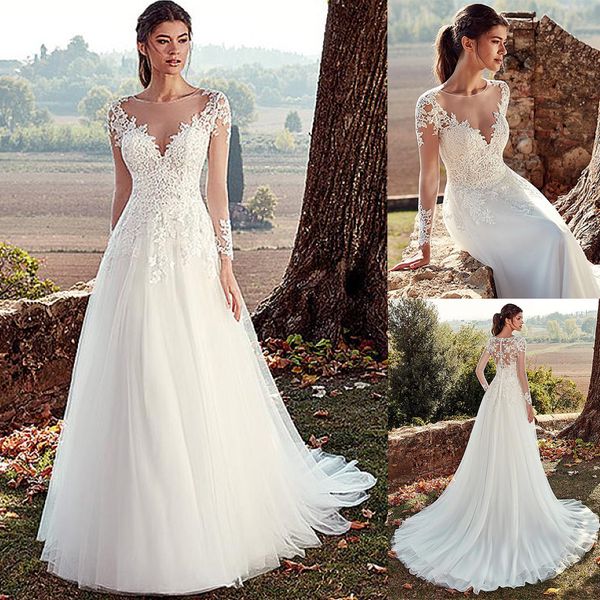 

Tulle Jewel Neckline A-line Wedding Dresses With Illusion Back Lace Appliques Long Sleeves Bridal Dress vestido de noche, Ivory