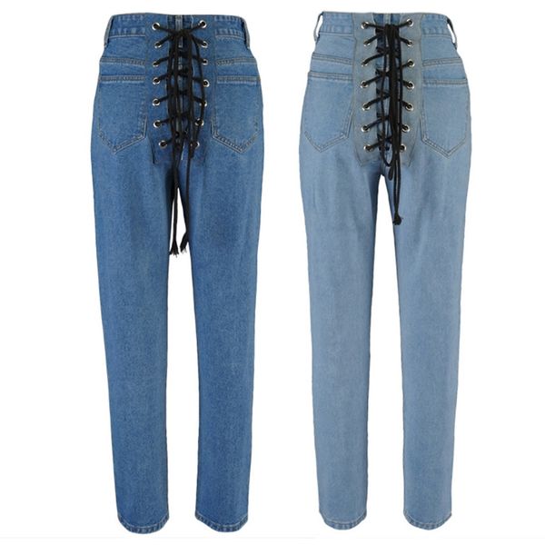 women high waist straight jeans back crisscross lace-up bandage patchwork denim pants slim pencil trousers with pockets, Blue
women high waist straight jeans back crisscross lace-up bandage patchwork denim pants slim pencil trousers with pockets, Blue