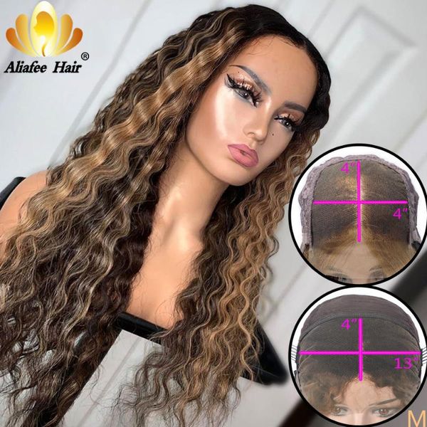

lace wigs aliafee brown honey blonde deep wave highlight wig frontal 13x4/4x4 peruvian human hair 150% density for women, Black;brown