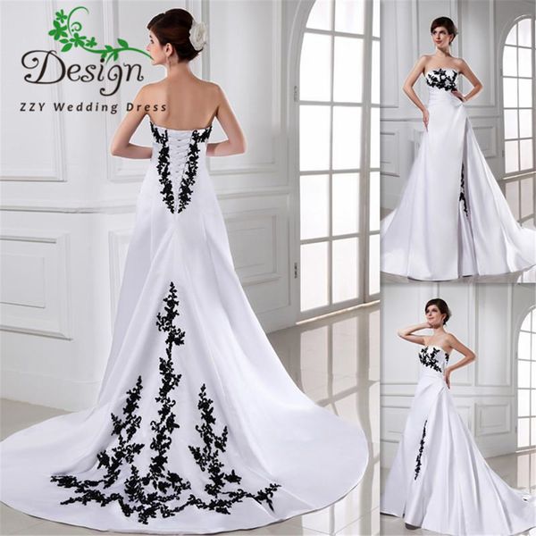 

Black And White Wedding Dress Ball Gown Satin Court Train Lace Up 2019 Bridal Gowns Vestido De Noiva Western Cheap Bride Dresses, Ivory