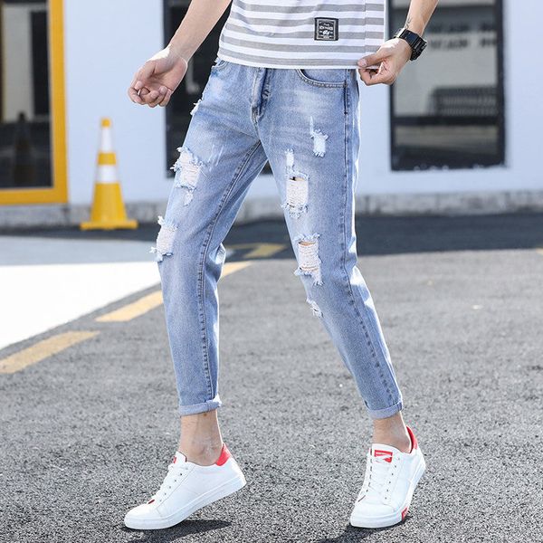 men long straight leg slim fit casual hole jeans male slim strech denim pants, Blue
