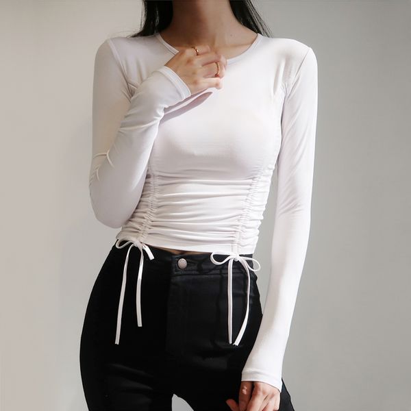 women's t-shirt women crew neck ruched with drawstrings long sleeve, White
women's t-shirt women crew neck ruched with drawstrings long sleeve, White