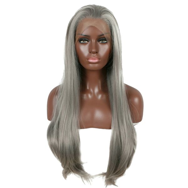 26'' natural synthetic gray long straight lace front wig full head hairpiece, Black
26'' natural synthetic gray long straight lace front wig full head hairpiece, Black