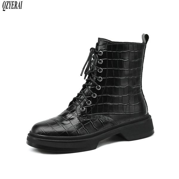 new winter genuine leather ankle women boots motorcycle boots stone grain female warm cowhide women shoes, Black