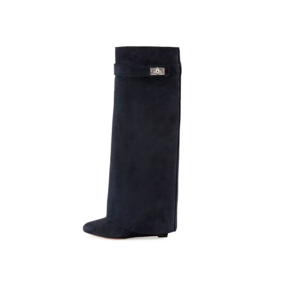 boots women wedge black fold knee high heel genuine leather pointed toe long female wedges botas big size shoes