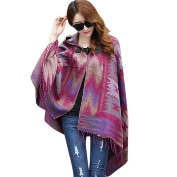 

Autumn/Winter Women Bohemian Collar Plaid Cape Cloak Poncho Jacket Coat Shawl Scarf With Hat J2