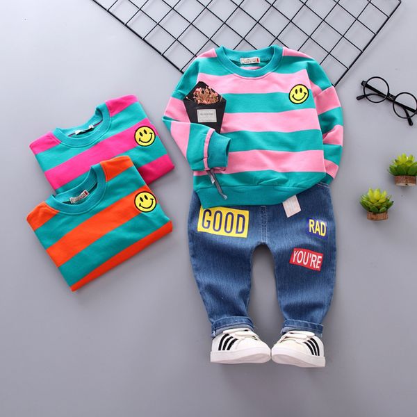 new autumn children's fashion suit color striped boy and girl clothes long-sleeved t-shirt jeans two-piece suit, White
new autumn children's fashion suit color striped boy and girl clothes long-sleeved t-shirt jeans two-piece suit, White