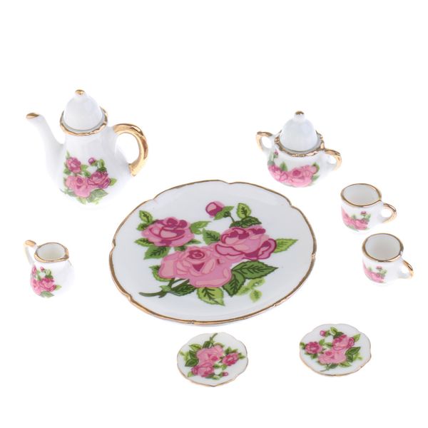 8pcs Dollhouse Miniatures Rose Flowers Ceramic Tea Set Pot Cup Saucer Plate