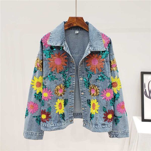 women's jackets spring autumn 2021 women heavy industry sequins flowers loose vintage washed blue denim jacket female casual basic jean, Black;brown
women's jackets spring autumn 2021 women heavy industry sequins flowers loose vintage washed blue denim jacket female casual basic jean, Black;brown