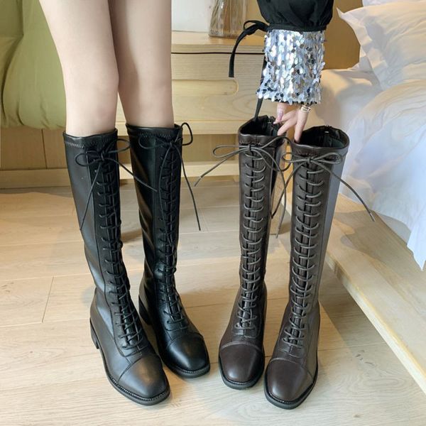 2020 autumn woman leather long tube boots lady brown front cross strap flat boots texture big name fashion high tube, Black
2020 autumn woman leather long tube boots lady brown front cross strap flat boots texture big name fashion high tube, Black