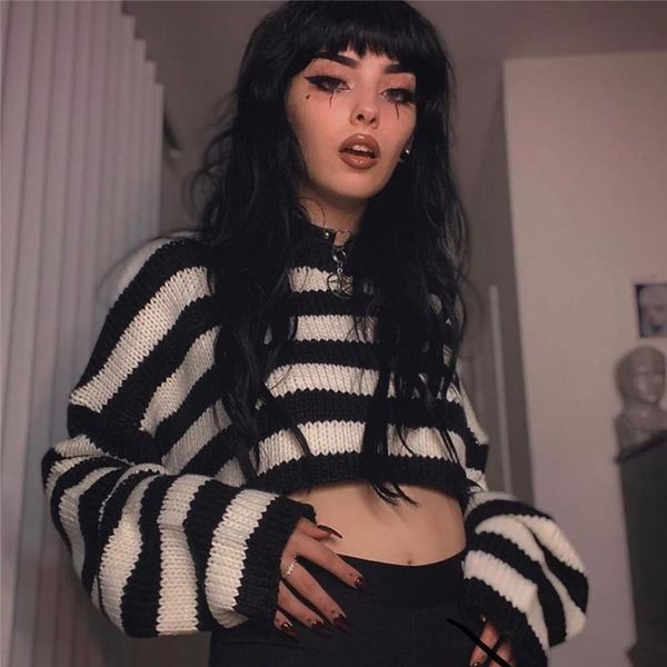 long sleeve black white stripe harajuku casual sweater women gothic punk o neck crop pullovers streetwear outwear, White;black
long sleeve black white stripe harajuku casual sweater women gothic punk o neck crop pullovers streetwear outwear, White;black