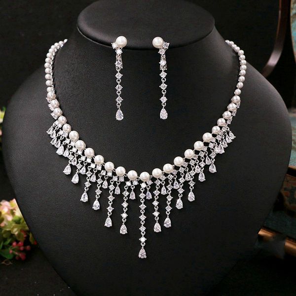 cubic zirconia round pearl drill noble bridal necklace pendant earrings jewelry rhinestones wedding accessories for women, Silver
cubic zirconia round pearl drill noble bridal necklace pendant earrings jewelry rhinestones wedding accessories for women, Silver