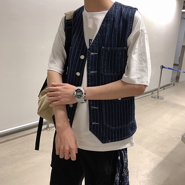 men' tank fashion cowboy vest japanese retro style denim blue striped casual wild couple, White;black
men' tank fashion cowboy vest japanese retro style denim blue striped casual wild couple, White;black