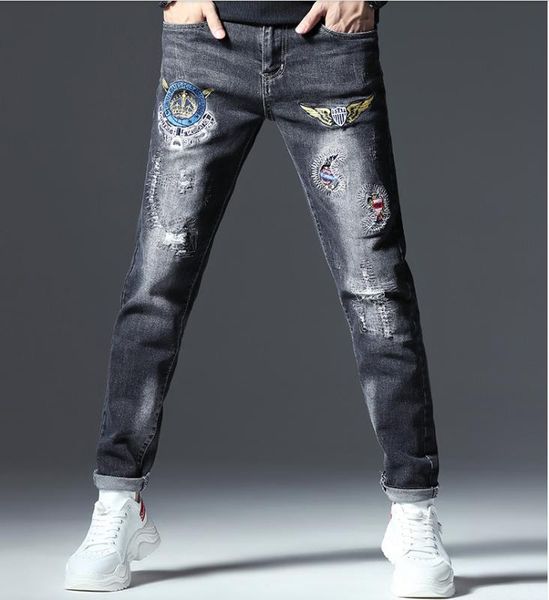 men's jeans hole mens ripped beggars classic paisley pattern embroidery badge patch black slim fit stretch cotton denim pants, Blue
men's jeans hole mens ripped beggars classic paisley pattern embroidery badge patch black slim fit stretch cotton denim pants, Blue