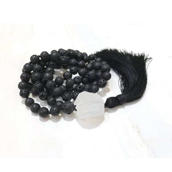 108 black lava stone beads with handmade black tassel necklace hand knotted raw clear q-uartz necklaces boho jewelry for unisex, Silver
108 black lava stone beads with handmade black tassel necklace hand knotted raw clear q-uartz necklaces boho jewelry for unisex, Silver