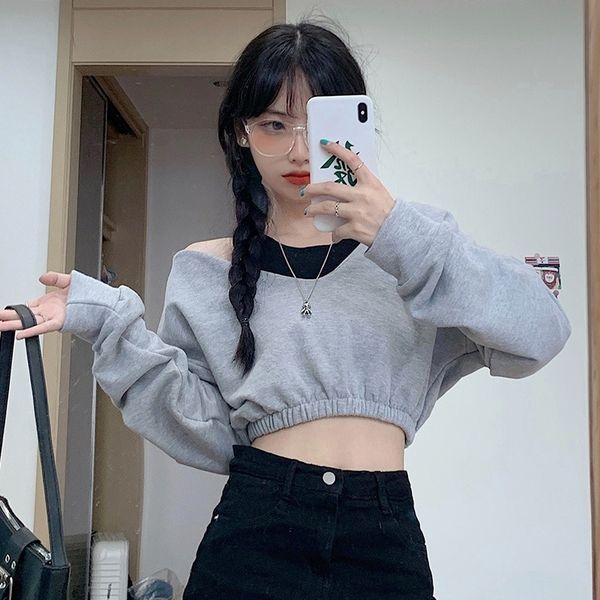 women's hoodies & sweatshirts 2021 autumn super solid color off-shoulder long-sleeved short cropped v-neck shirt, Black
women's hoodies & sweatshirts 2021 autumn super solid color off-shoulder long-sleeved short cropped v-neck shirt, Black