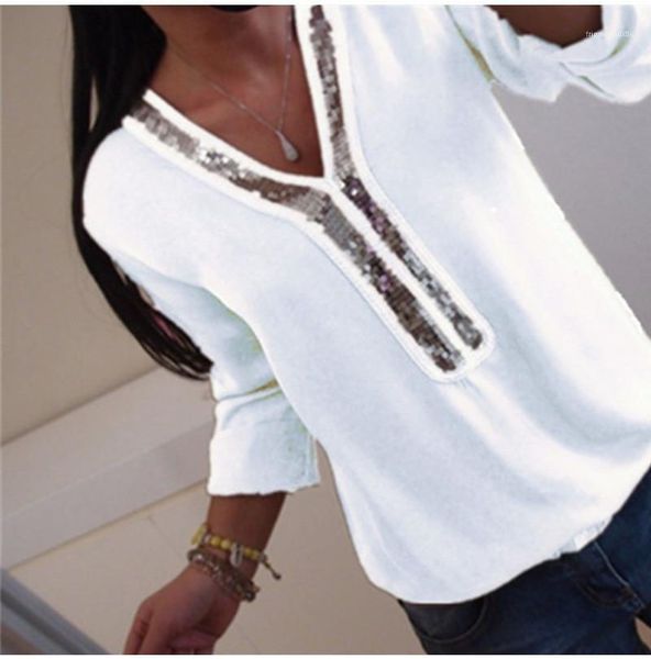 sleeve v neck tshirts women clothes sequins panelled designer womens tshirts fashion natural color chiffon tshirts long, White 
sleeve v neck tshirts women clothes sequins panelled designer womens tshirts fashion natural color chiffon tshirts long, White