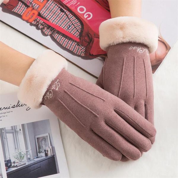 five fingers gloves viianles winter female warm cashmere glove three ribs mittens double thick plush wrist women touched screen driving, Blue;gray