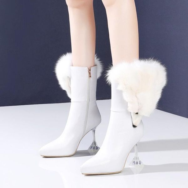 womens pointy toe genuine leather real fur decor ankle boots strange high clear red wine glass heel shoes 3colors, Black
womens pointy toe genuine leather real fur decor ankle boots strange high clear red wine glass heel shoes 3colors, Black