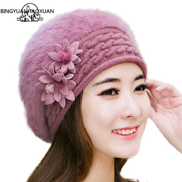 berets bingyuanhaoxuan warm and cute princess hat female winter knitted beret with flower women's fur, Blue;gray 
berets bingyuanhaoxuan warm and cute princess hat female winter knitted beret with flower women's fur, Blue;gray