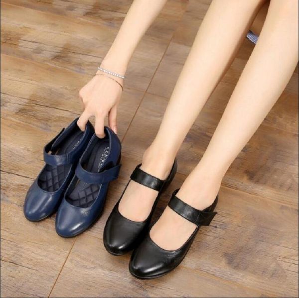spring autumn women shoes genuine leather flat shoes women soft sole comfortable round head wedges for work, Black