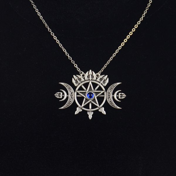 

pendant necklaces triple crescent moon with pentagram necklace sigil of spirit pagan jewelry wiccan gothic, Silver