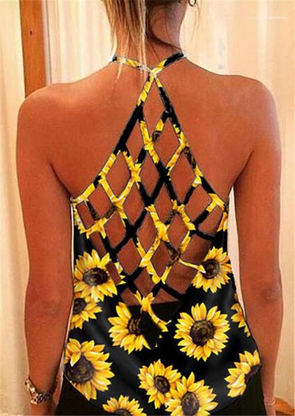 print halter strap tshirts females loose casual tees womens hollow out backless vest summer designer sunflower, White
print halter strap tshirts females loose casual tees womens hollow out backless vest summer designer sunflower, White