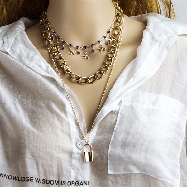 multi-layer necklace for women gold color star lock pendant necklaces punk thick chain necklace jewelry gift, Silver
multi-layer necklace for women gold color star lock pendant necklaces punk thick chain necklace jewelry gift, Silver