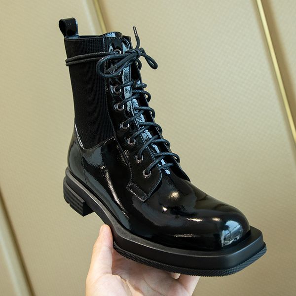 genuine leather patchwork thick low heels boots cross tied ankle boots 2020 square toe motorcycle shoes woman, Black 
genuine leather patchwork thick low heels boots cross tied ankle boots 2020 square toe motorcycle shoes woman, Black