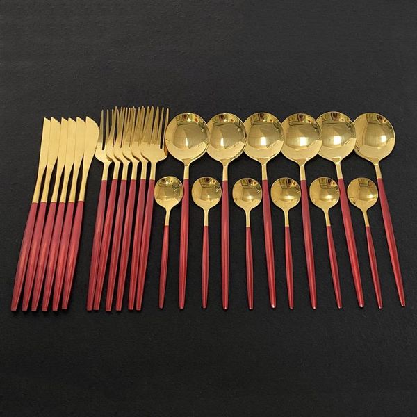 24pcs red gold flatware cutlery set mirror colorful dinnerware set 18/10 stainless steel kitchen silverware gold tableware
24pcs red gold flatware cutlery set mirror colorful dinnerware set 18/10 stainless steel kitchen silverware gold tableware
