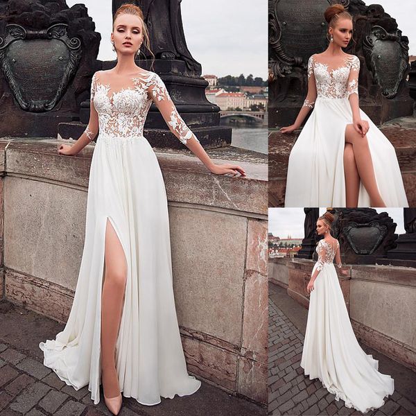 elegant chiffon bateau neckline see-through bodice a-line wedding dress with lace appliques front slit 3/4 sleeves bridal dress, Blue;red
elegant chiffon bateau neckline see-through bodice a-line wedding dress with lace appliques front slit 3/4 sleeves bridal dress, Blue;red