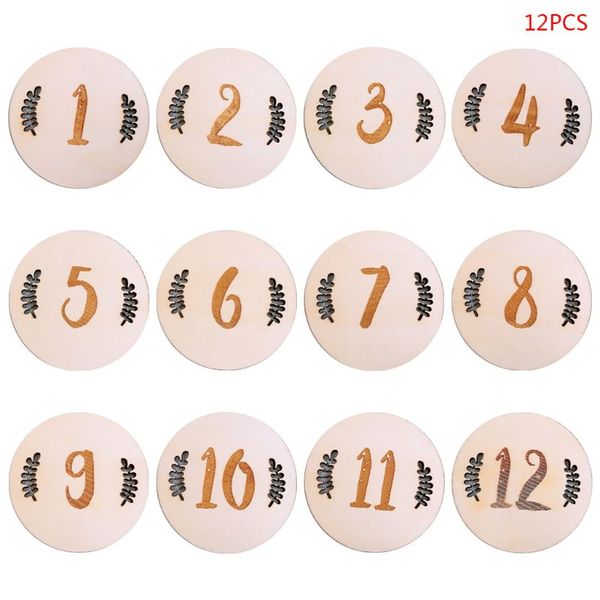 12 Pcs/set Baby Milestone Card Vintage Leaf Numbers Engraved Wood Infants Bathing Gift Newborn Pgraphy Props Set B2qd