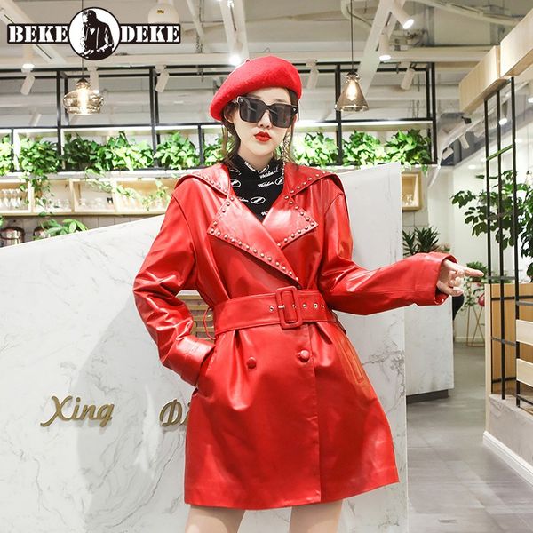 women's leather & faux street rivet real jacket women loose casual office medium long designer winter belt double breasted trench coat, Black
women's leather & faux street rivet real jacket women loose casual office medium long designer winter belt double breasted trench coat, Black