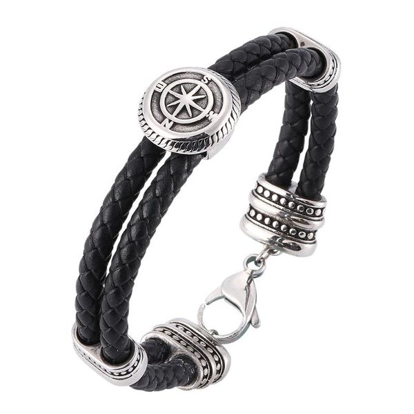 charm bracelets retro personality round black woven double leather bracelet stainless steel fashion glamour men's 7-sp0172, Golden;silver