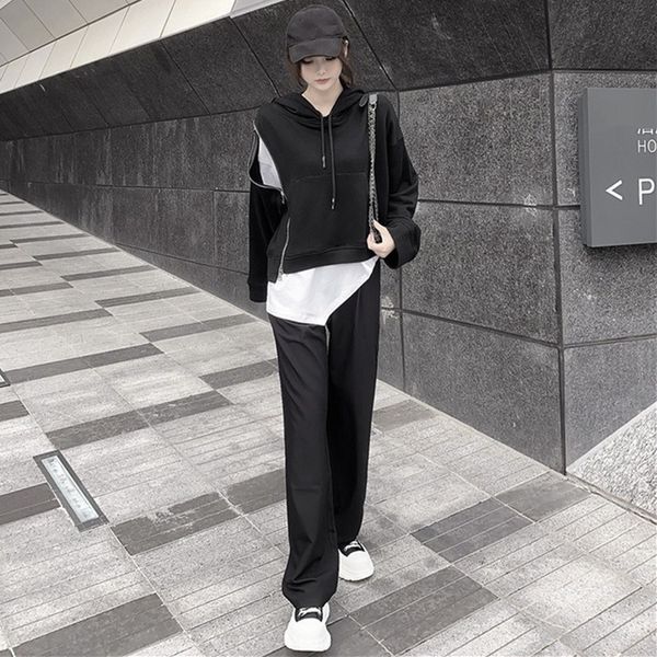 shoulder hooded long sleeve zipper loose sweater round neck pullover irregular t-shirt high waist trousers pullover leggings wide leg pants, Gray
shoulder hooded long sleeve zipper loose sweater round neck pullover irregular t-shirt high waist trousers pullover leggings wide leg pants, Gray