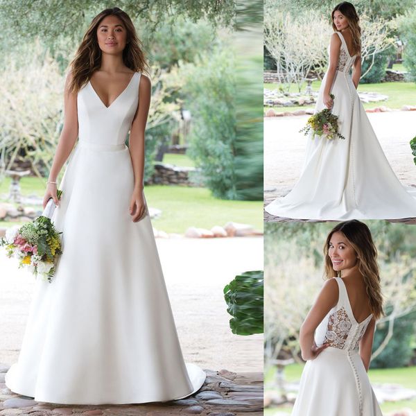 elegant satin wedding dresses 2020 a line v neck white ivory buttons back lace wedding bridal gown sweep train vestido de noiva, Blue;red
elegant satin wedding dresses 2020 a line v neck white ivory buttons back lace wedding bridal gown sweep train vestido de noiva, Blue;red