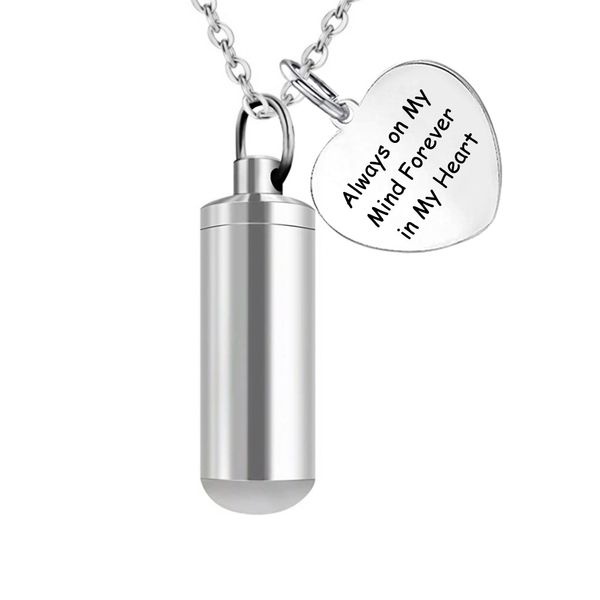 cremation ashes necklace stainless steel memorial pendant cylinder shape ashes jewlelry -always on my mind forever in my heart, Silver
cremation ashes necklace stainless steel memorial pendant cylinder shape ashes jewlelry -always on my mind forever in my heart, Silver