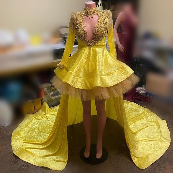 high neck yellow high low african prom dresses full sleeve appliques beaded tassels special occasion evening dress party robe de soiree, Black
high neck yellow high low african prom dresses full sleeve appliques beaded tassels special occasion evening dress party robe de soiree, Black