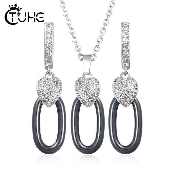earrings & necklace geomitric jewelry sets for women accessory heart cubic zircon crystal stud set anniversary gift, Silver 
earrings & necklace geomitric jewelry sets for women accessory heart cubic zircon crystal stud set anniversary gift, Silver