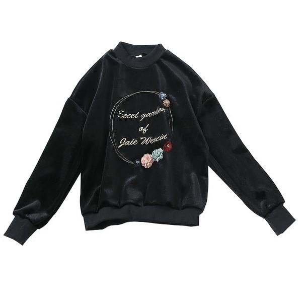 2017 new design women's o-neck long sleeve embroidery letter flower velvet warm thickening pullover sweatshirt hoodies, Black
2017 new design women's o-neck long sleeve embroidery letter flower velvet warm thickening pullover sweatshirt hoodies, Black