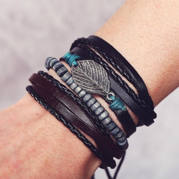 charm bracelets european and american black men's leather bracelet creative retro beaded artificial four-piece set, Golden;silver
charm bracelets european and american black men's leather bracelet creative retro beaded artificial four-piece set, Golden;silver