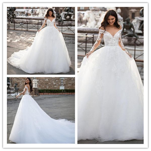 2020 lace wedding dress a line illusion neck long sleeves chapel train sheer backtulle wedding gowns bride dress summer boho designer, White
2020 lace wedding dress a line illusion neck long sleeves chapel train sheer backtulle wedding gowns bride dress summer boho designer, White