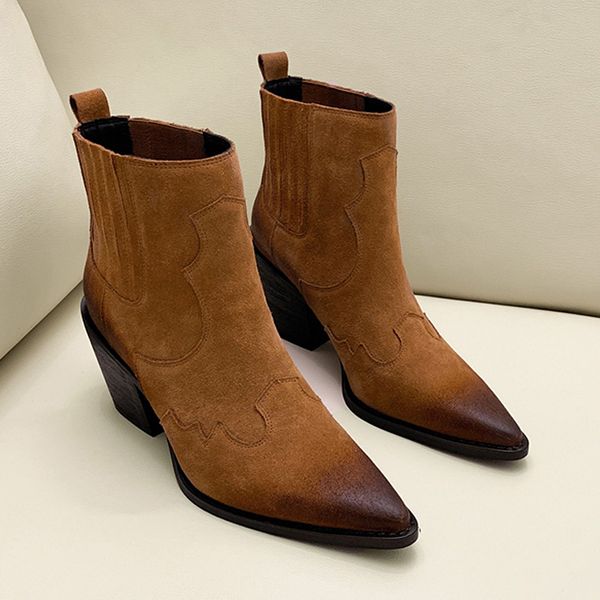 genuine leather boots women pointed toe mid heel ankle boots thick square heel slip on western cowboy women, Black
genuine leather boots women pointed toe mid heel ankle boots thick square heel slip on western cowboy women, Black