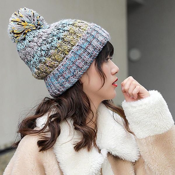 women fashion autumn winter color mixing color block knitted pompom beanie hat thickened and fleeced knit hats thick warm cap, Blue;gray
women fashion autumn winter color mixing color block knitted pompom beanie hat thickened and fleeced knit hats thick warm cap, Blue;gray