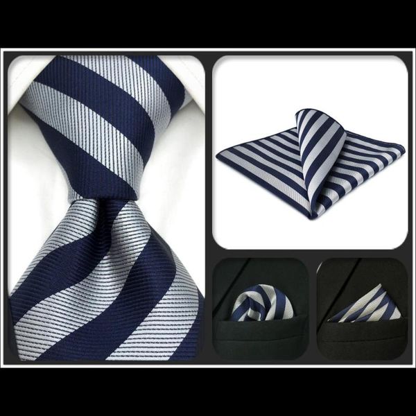 

bow ties g09 gray blue striped mens neckties set silk classic fashion for men gift hanky extra long size, Black;gray