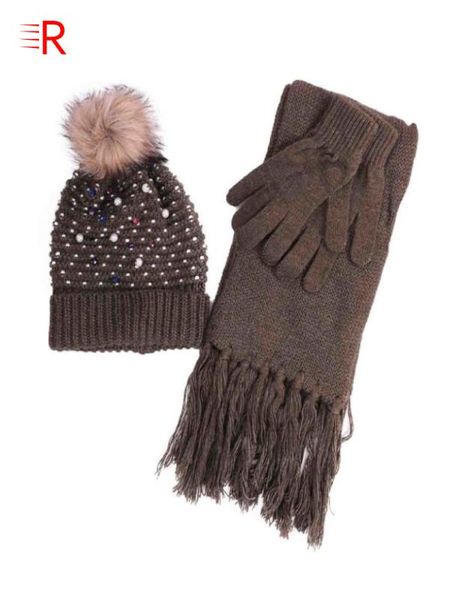 2020 trend 100 акриловая мягкая и гибкая мило зимняя шапка beanie перчатки шарф набор теплый вязать удобный головной убор коричневый розовый, Blue;gray
