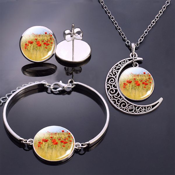 flowers bracelet/ earrings/ necklace jewelry set poppy flowers glass cabochon stud earrings moon necklace bracelet for women, Silver
flowers bracelet/ earrings/ necklace jewelry set poppy flowers glass cabochon stud earrings moon necklace bracelet for women, Silver
