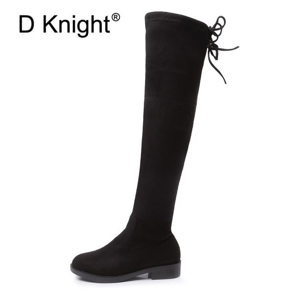new women's flat over the knee boots fashion round toe slip-on high boots plus size 34-43 ladies casual winter autumn, Black
