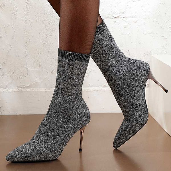 sock boots women stretch fabric boots slip-on super high heel female shoes fashion pointed toe mid-calf zapatos de mujer, Black
sock boots women stretch fabric boots slip-on super high heel female shoes fashion pointed toe mid-calf zapatos de mujer, Black